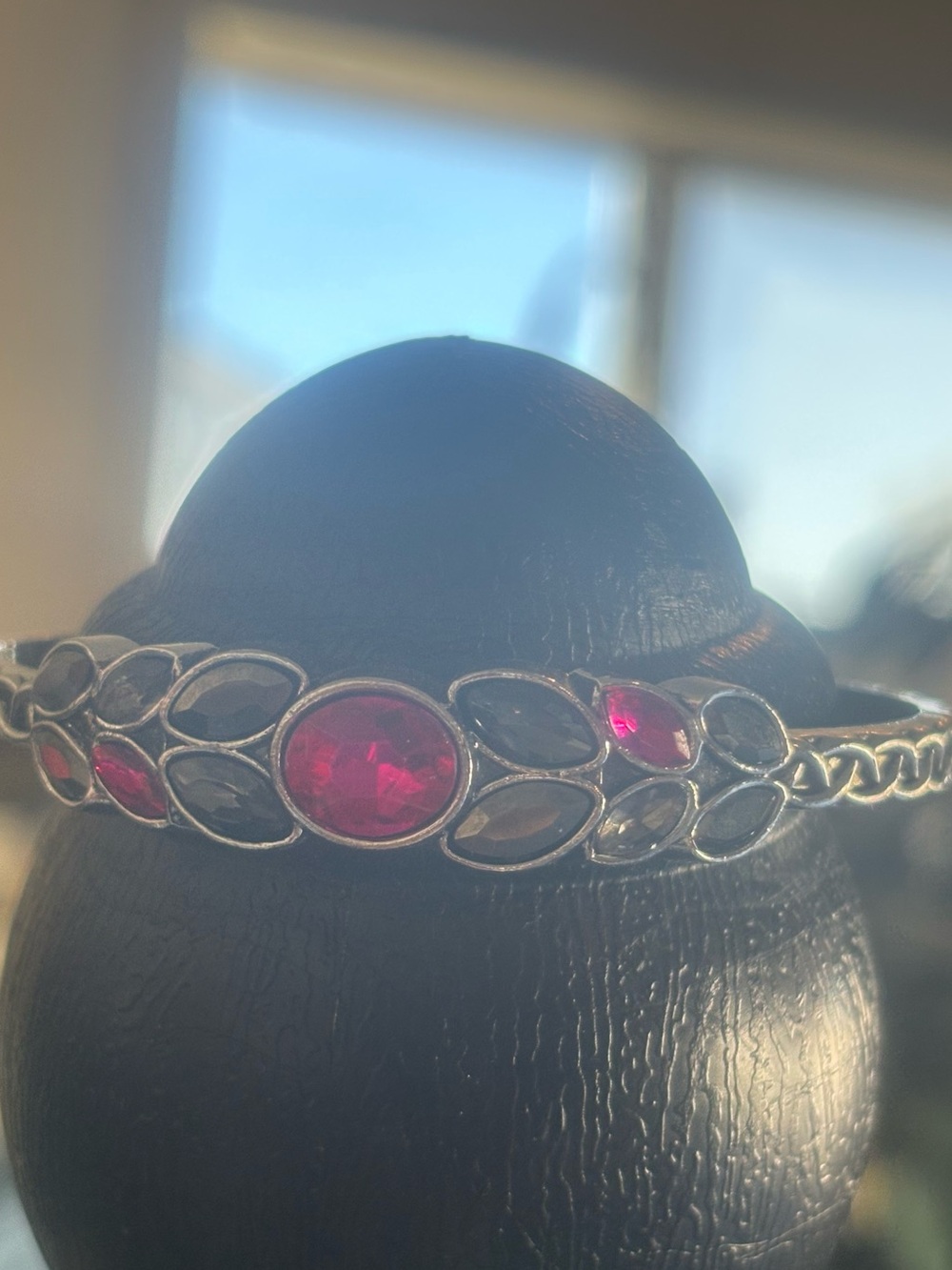 rustic Silver-Tone Bracelet with Pink Gem Accents